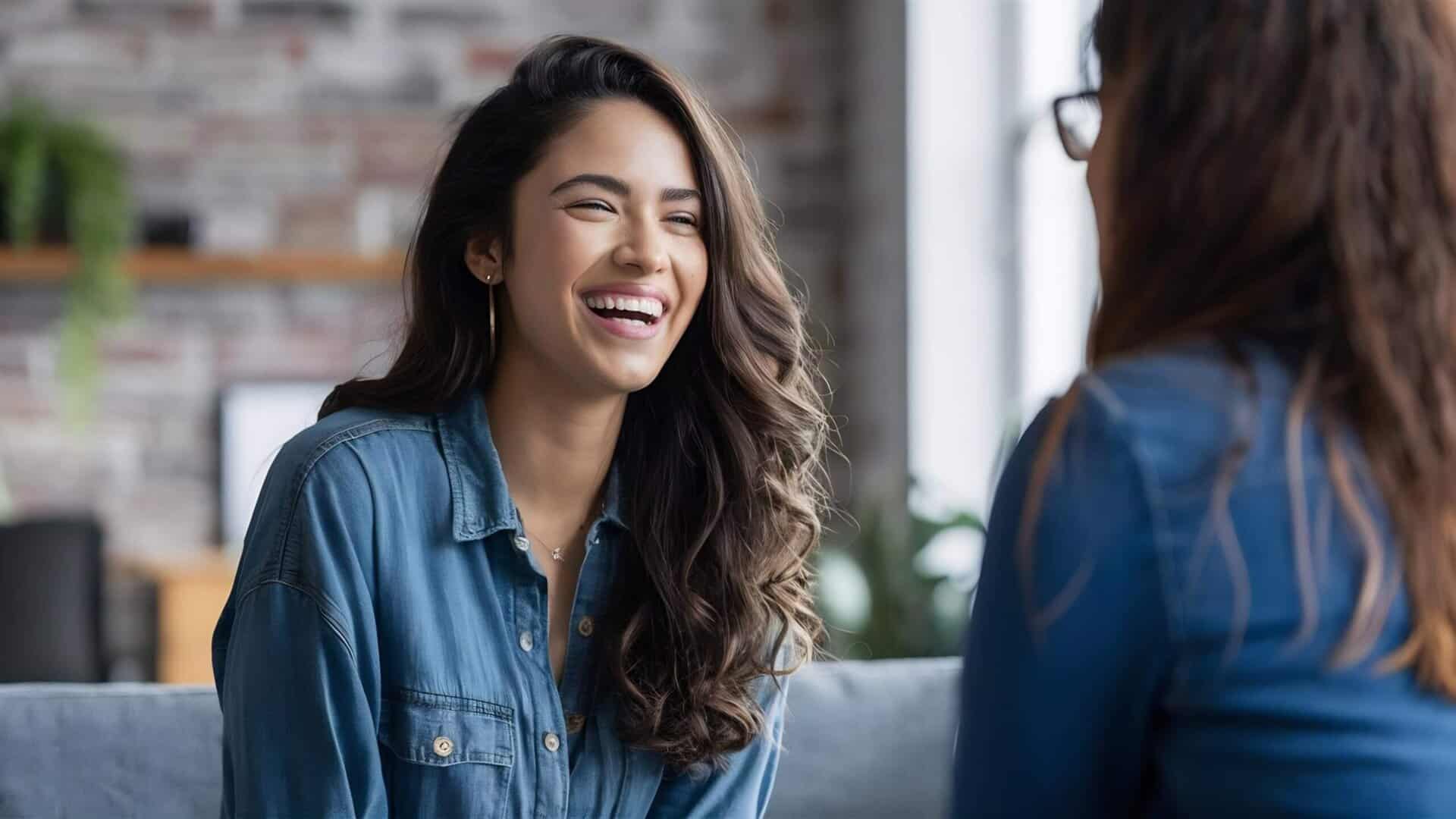 Client smiling in therapy as part of dual diagnosis treatment for mental health and addiction