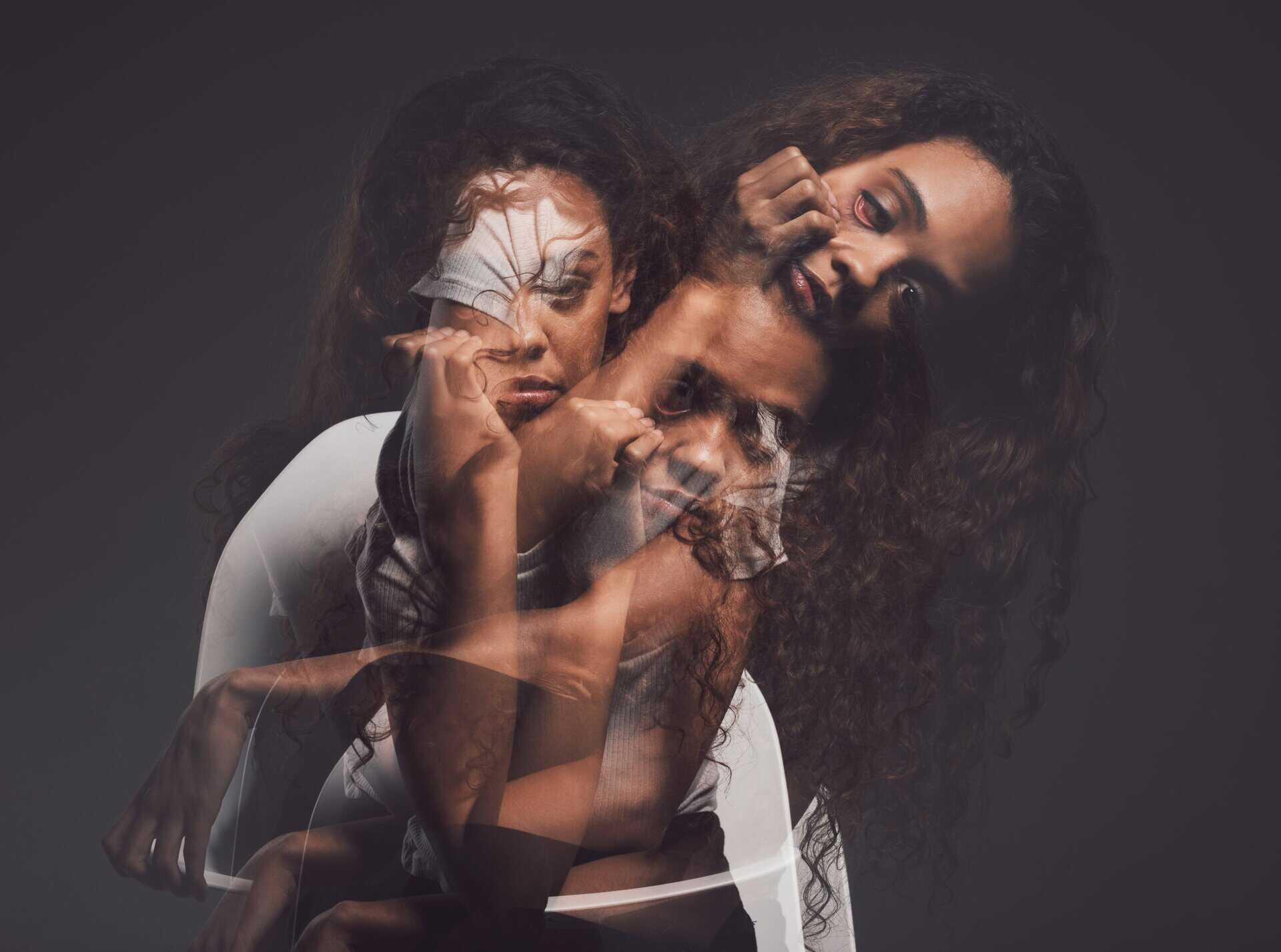 A creative multiexposure portrait of a woman showing different emotional expressions, illustrating the internal complexity of mood shifts and the spectrum of Bipolar Disorder symptoms.