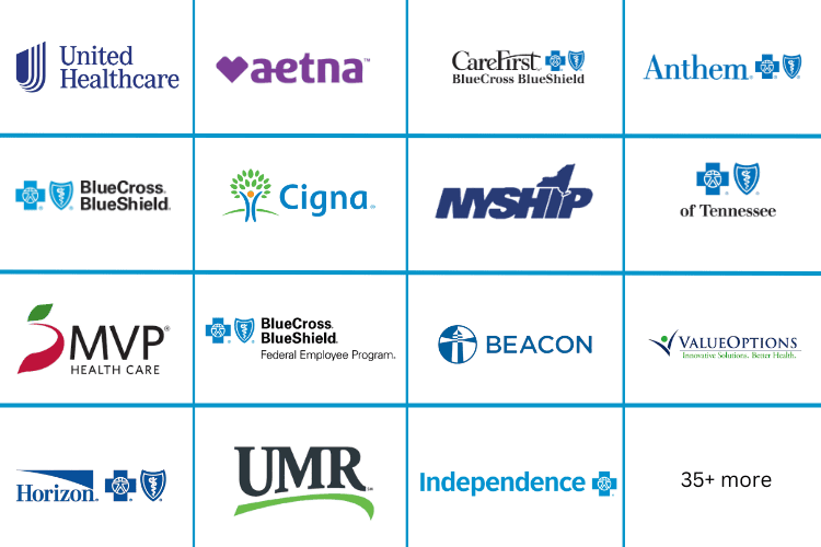 Logos of major private insurance providers accepted for medical detox and addiction treatment, including PPO and out-of-network plans.